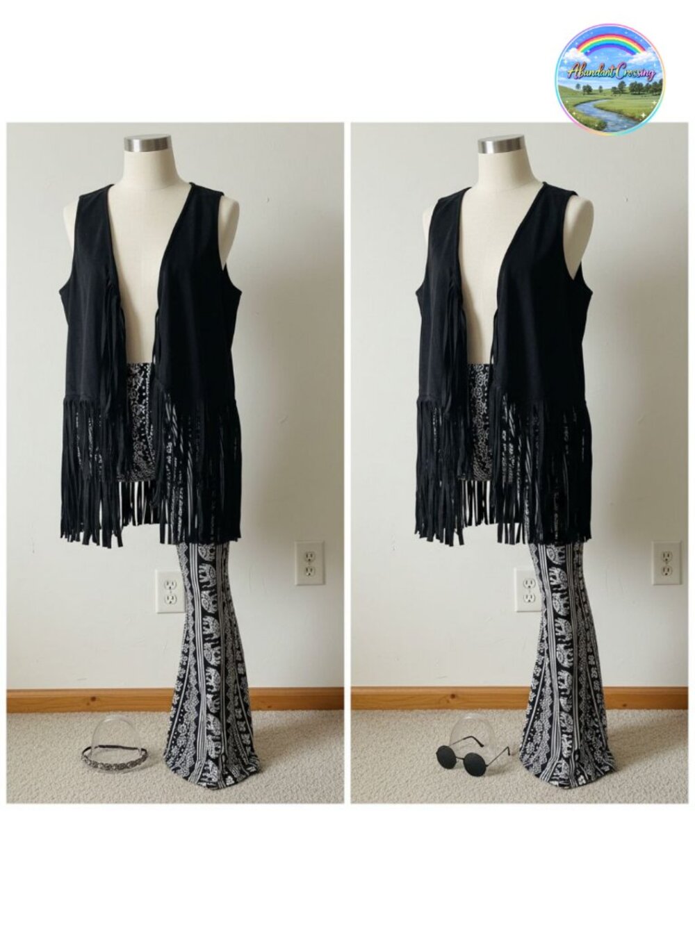Leumoi 5 Pcs 60s 70s Hippie Costume Faux Suede Vest Flare Pants Set